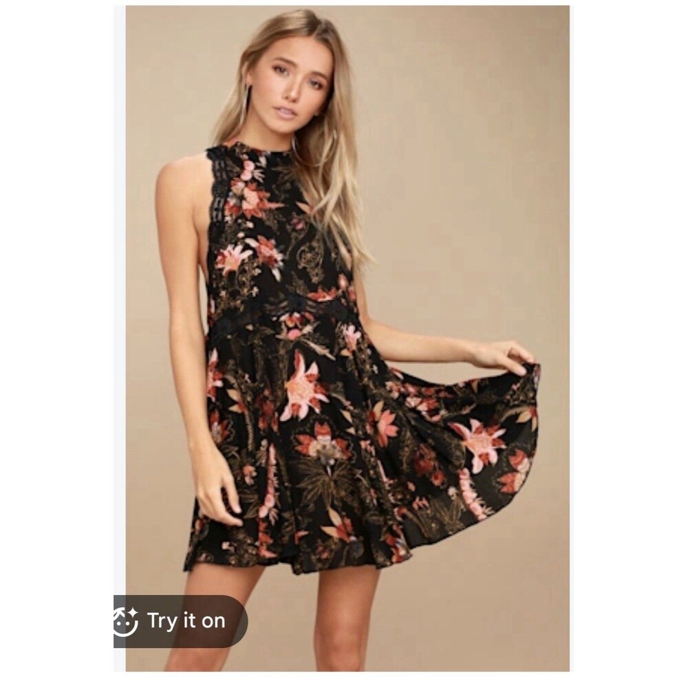 FREE PEOPLE SHE MOVES CHEMISE MINI DRESS/TUNIC, BLACK COMBO XS Bohemian Festival